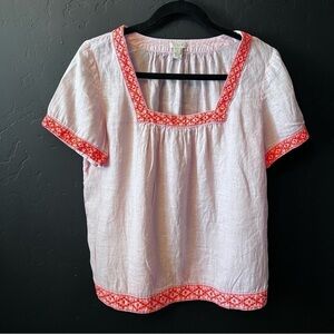 J CREW Square neck linen embroidery neck, hem and sleeves peasant top Size:S